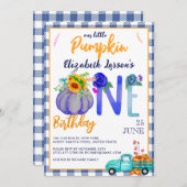 Niedlich Little Pumpkin Birthday Blue LKW Thema Einladung (Vorne/Hinten)