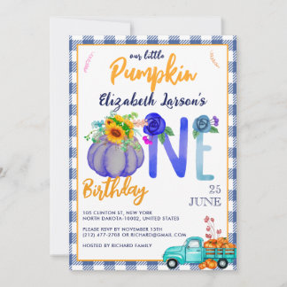 Niedlich Little Pumpkin Birthday Blue LKW Thema Einladung