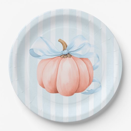 Niedlich Little Pumpkin Blue Bow Baby Dusche Pappteller (Vorderseite)