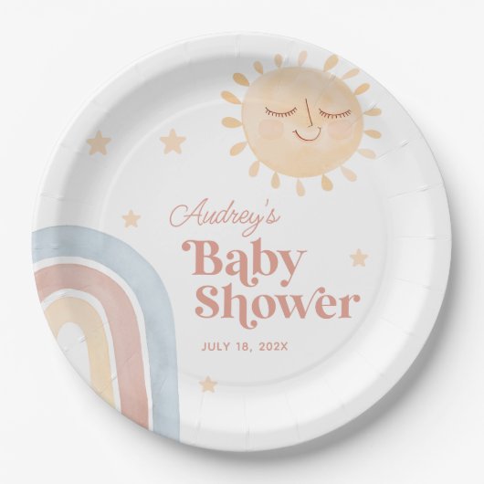 Niedlich Little Sun & Rainbow Boho Babydusche Pappteller (Vorderseite)