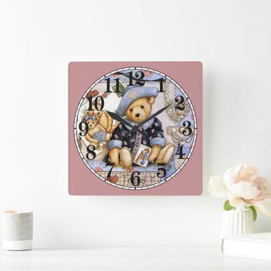 Niedlich Little Teddy Bear Quadratische Wanduhr (Zuhause)
