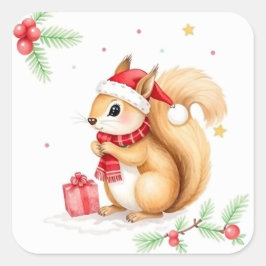 Niedlich Little Watercolor Weihnachtshörnchen Quadratischer Aufkleber