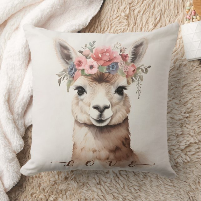 Niedlich Llama Alpaca mit Floral sagen Liebe Kissen (Decke)