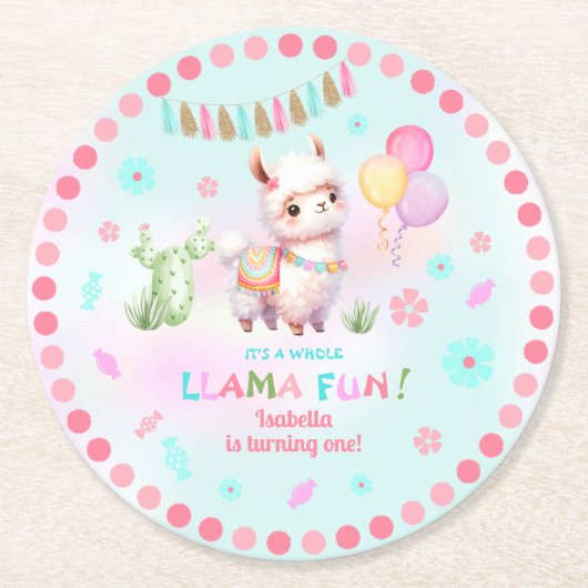 Niedlich Llama Fun Cactus Colorful Girl Birthday Runder Pappuntersetzer (Vorderseite)