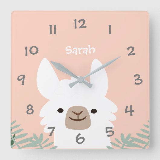 Niedlich Llama Kids Kinderzimmer Wall Clock Quadratische Wanduhr (Vorderseite)