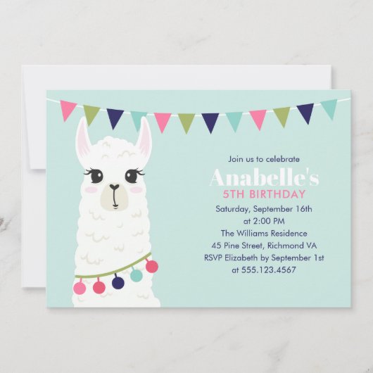 Niedlich Llama Kindergeburtstag Party Einladung (Vorderseite)