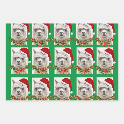 Niedlich Llama lächelt Weihnachtsmannmütze Ihr Nam Geschenkpapier Set (Vorderseite 2)