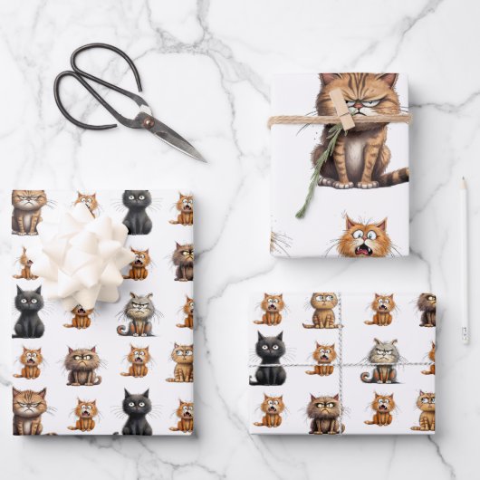 Niedlich Mad Angry Black Gray Orange Cats Geschenkpapier Set (Vorderseite)