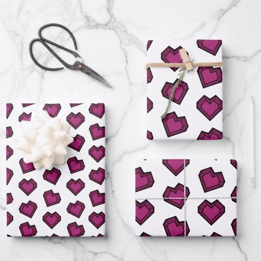 Niedlich Magenta Dark Pink Gemstone Herzmuster Geschenkpapier Set (Vorderseite)