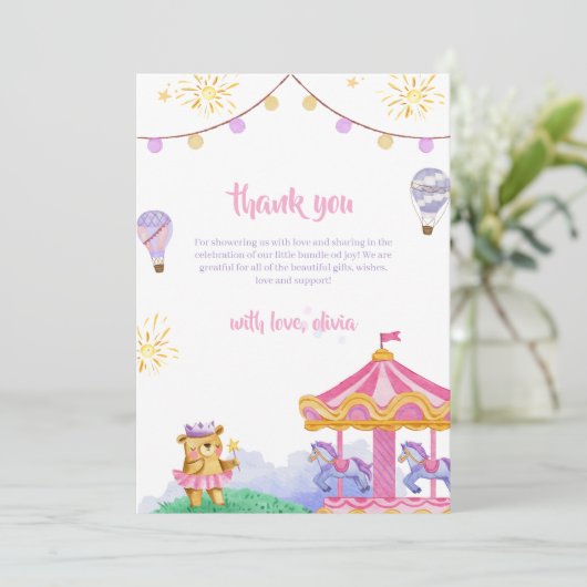 Niedlich Magical Hot Air Ballon Karussell Babydusc Dankeskarte (Stehend Vorderseite)