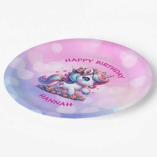 Niedlich Magical Unicorn Personalisiertes Mädchen  Pappteller (Schrägansicht)