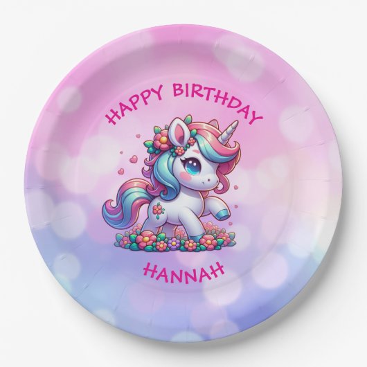 Niedlich Magical Unicorn Personalisiertes Mädchen  Pappteller (Vorderseite)