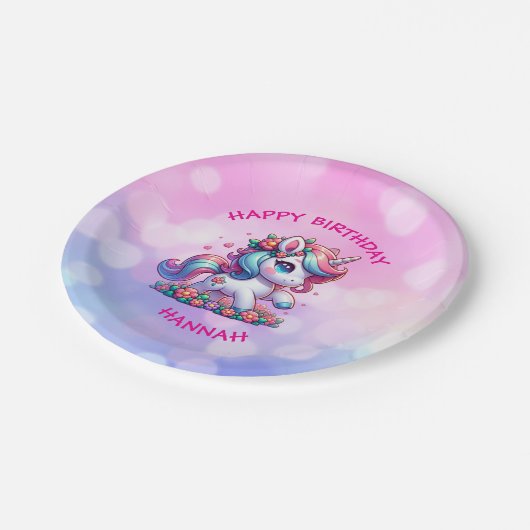 Niedlich Magical Unicorn Personalisiertes Mädchen  Pappteller (Schrägansicht)