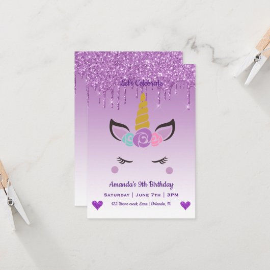 Niedlich Magische Einhorn & Herz Geburtstag Einladung (Vorderseite/Rückseite Beispiel)