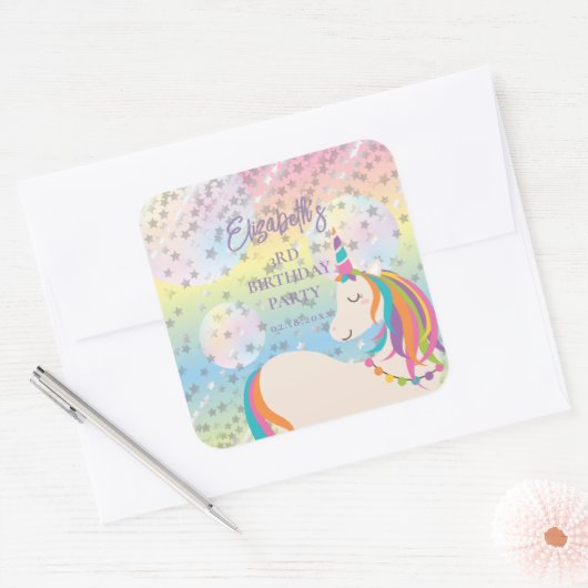 Niedlich Magische Rainbow Unicorn Girl Birthday Pa Quadratischer Aufkleber (Umschlag)