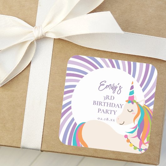 Niedlich Magische Rainbow Unicorn Girl Birthday Pa Quadratischer Aufkleber