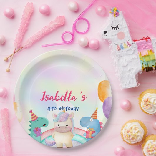 Niedlich Magischer Regenbogen Dino Einhorn Geburts Pappteller (Party)