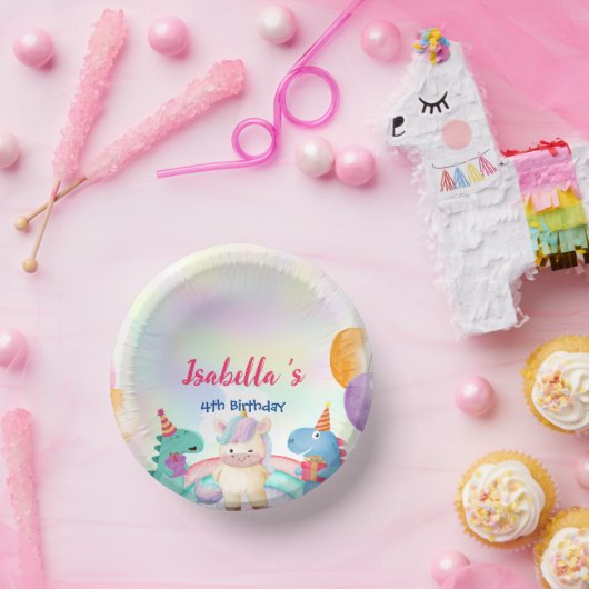 Niedlich Magischer Regenbogen Dino Einhorn Geburts Pappteller (Party)