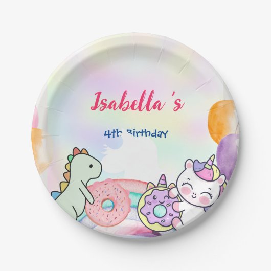 Niedlich Magischer Regenbogen Dino Einhorn Geburts Pappteller (Vorderseite)