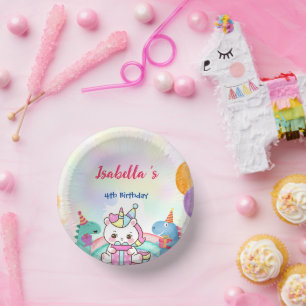 Niedlich Magischer Regenbogen Dino Einhorn Geburts Pappteller