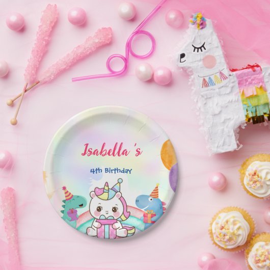 Niedlich Magischer Regenbogen Dino Einhorn Geburts Pappteller (Party)