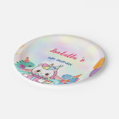 Niedlich Magischer Regenbogen Dino Einhorn Geburts Pappteller (Schrägansicht)