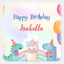 Niedlich Magischer Regenbogen Dino Einhorn Geburts Quadratischer Aufkleber
