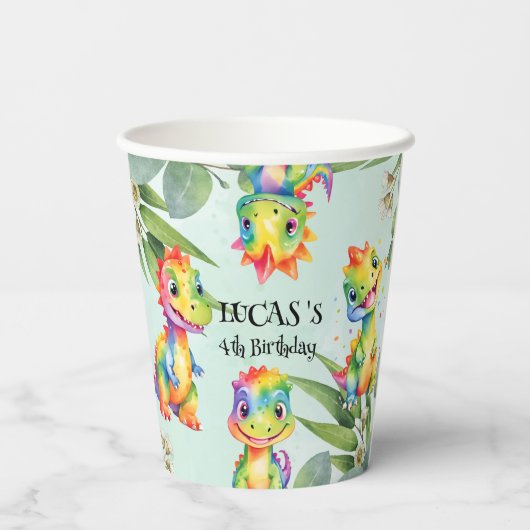 Niedlich Magischer Regenbogen Dinosaur Happy Birth Pappbecher (Rückseite)