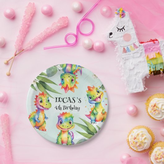 Niedlich Magischer Regenbogen Dinosaur Happy Birth Pappteller (Party)