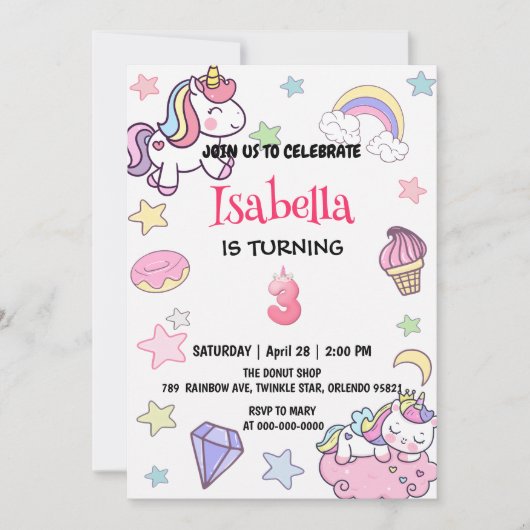 Niedlich Magisches Regenbogen Einhorn 3. Geburtsta Einladung (Vorderseite)