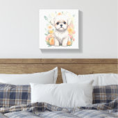 Niedlich maltesische Welpe mit Sommer-Blume Mauer  Leinwanddruck (Insitu (Schlafzimmer))