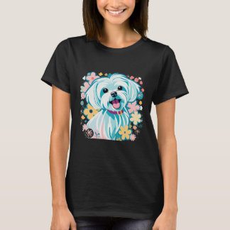 Niedlich maltesischer Hund Retro Jahrgänge Floral  T-Shirt