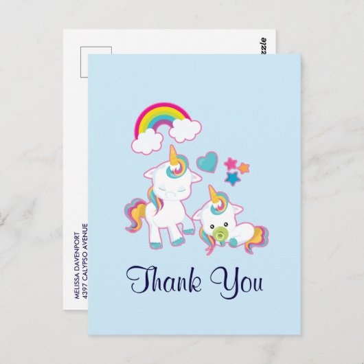 Niedlich Mama & Baby Unicorn Magical Vielen Dank Postkarte (Vorne/Hinten)