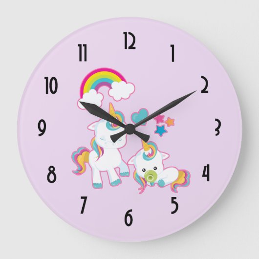 Niedlich Mama & Baby Unicorn Magische Illustration Große Wanduhr (Vorderseite)