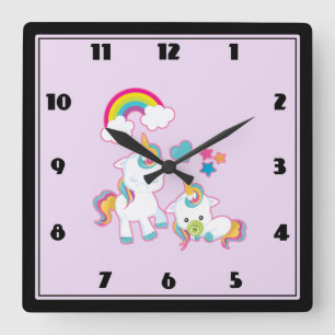 Niedlich Mama & Baby Unicorn Magische Illustration Quadratische Wanduhr