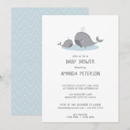 Niedlich Mama & Baby Whales Blue Zickzack Baby Dus Einladung