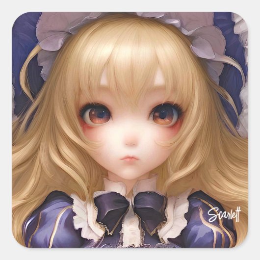 Niedlich Manga Anime Girl Japanisch in Blau Quadratischer Aufkleber (Vorderseite)