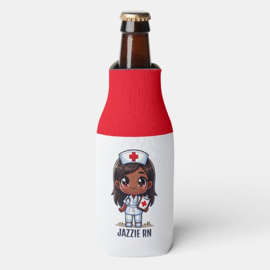 Niedlich Manga Black Nurse Brünett Brown Eyes Cust Flaschenkühler (Flaschenvorderseite)