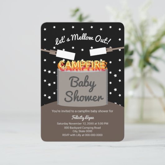 Niedlich Marshmallow Starry Nachtleben Campfire Ba Einladung (Stehend Vorderseite)
