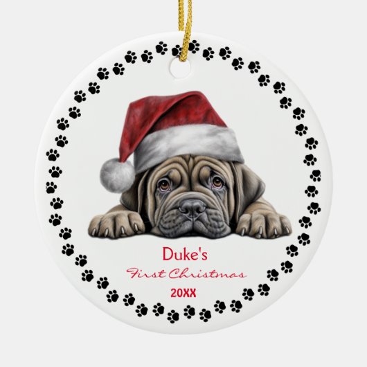 Niedlich Mastiff Hund Weihnachtsmannmütze Paw 1. W Keramik Ornament (Vorne)