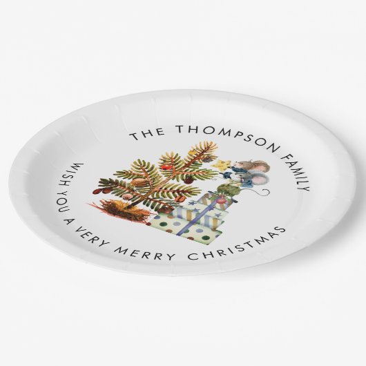 Niedlich Mäuse Frohe Weihnachtsbaum Name Pappteller (Schrägansicht)