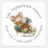 Niedlich Mäuse Sleigh Name Frohe Weihnachten Quadratischer Aufkleber (Vorderseite)