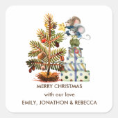 Niedlich Mäuse Weihnachtsbaum Name Frohe Weihnacht Quadratischer Aufkleber (Vorderseite)