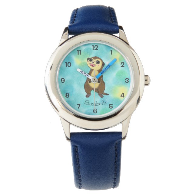 Niedlich Meerkat Cartoon Blau Kinder Name Watch Armbanduhr (Vorderseite)