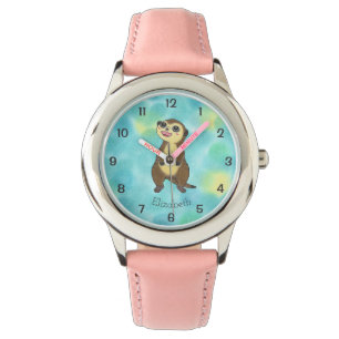 Niedlich Meerkat Cartoon Rosa Kinder Name aufpasse Armbanduhr