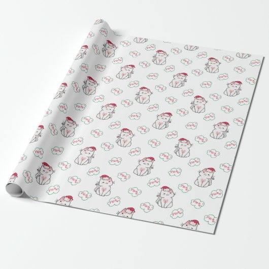 Niedlich Meow Christmas Kitten mit Weihnachtsmannm Geschenkpapier (Ungerollt)