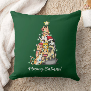 Niedlich Meowy Catmas Katzen Weihnachtsbaum Grün Kissen