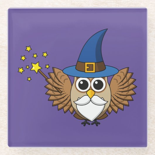 Niedlich Merlin the Wizard Owl Cartoon Glasuntersetzer (Vorderseite)