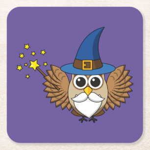 Niedlich Merlin the Wizard Owl Cartoon Rechteckiger Pappuntersetzer