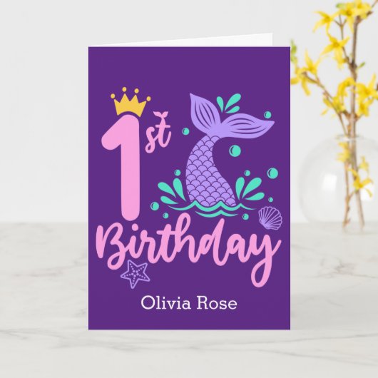 Niedlich Mermaid 1. Geburtstag Karte (Gelbe Blume)